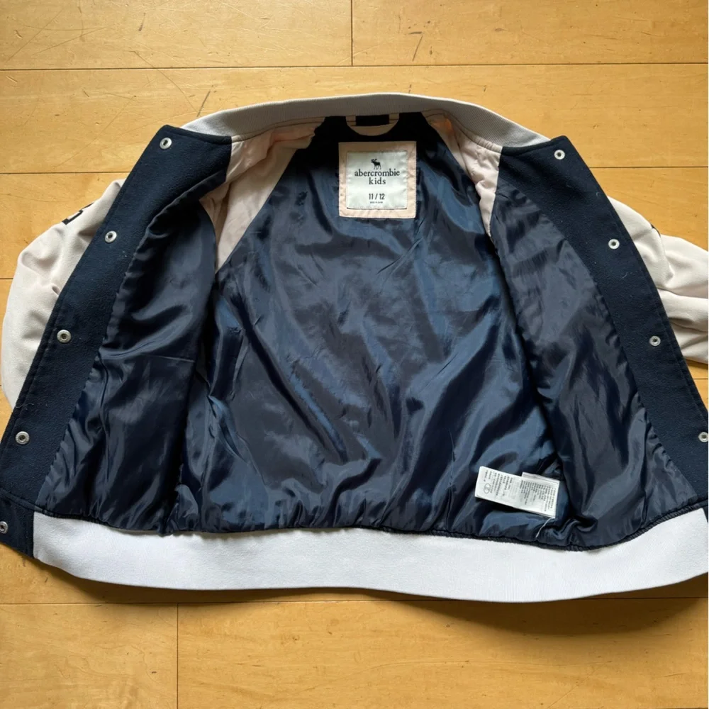 Abercrombie Kids Snap Front‎ Letterman Varsity Jacket Navy Blue Pink sz 11/12